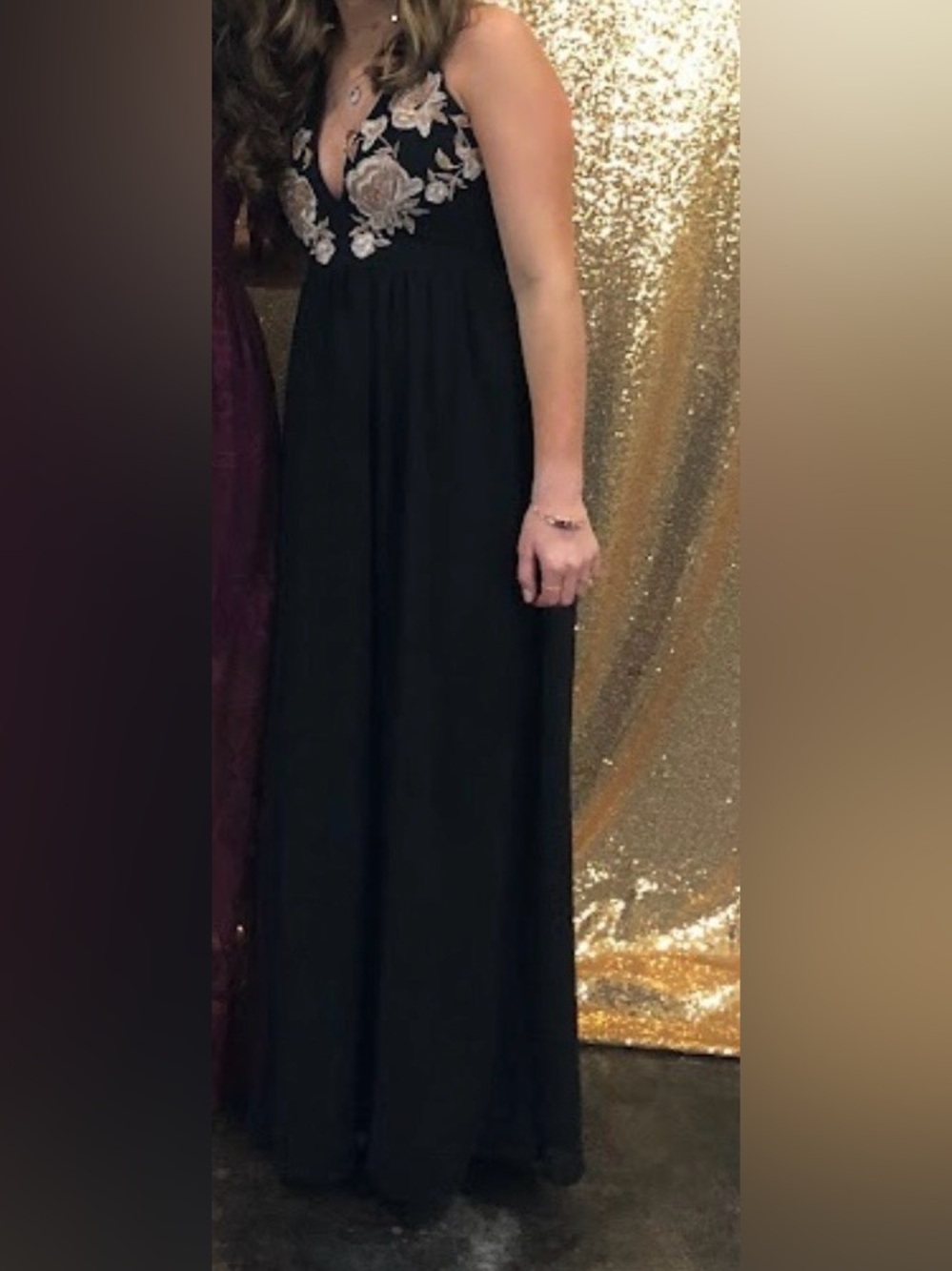 Red Dress Boutique Black Maxi with Cream Floral Embroidery